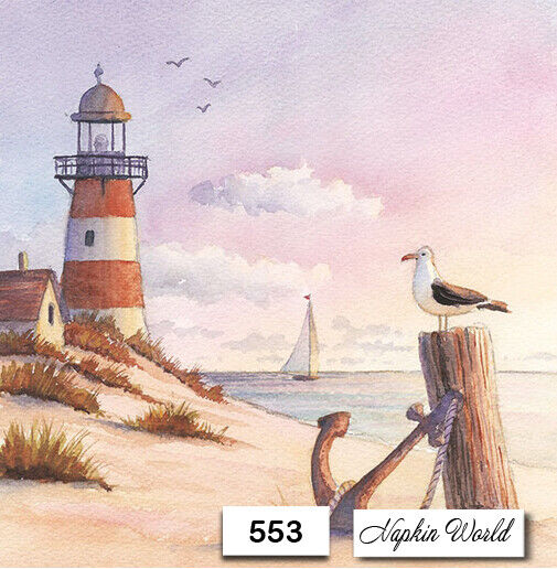 553) TWO Individual Paper LUNCHEON Decoupage Napkins - LIGHTHOUSE BEACH  OCEAN