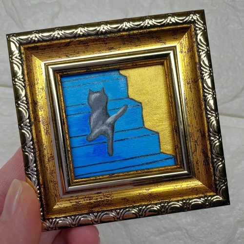 Graue Katze Gemälde Gerahmt Original Kunst Lustiges Kätzchen Handarbeit Kunst Mini Gemälde - Bild 6 von 11