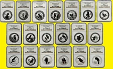 1990 - 2008 Australia Kookaburra 19 SILVER COINS 20Th. Ann. set NGC MS 70 POP 22