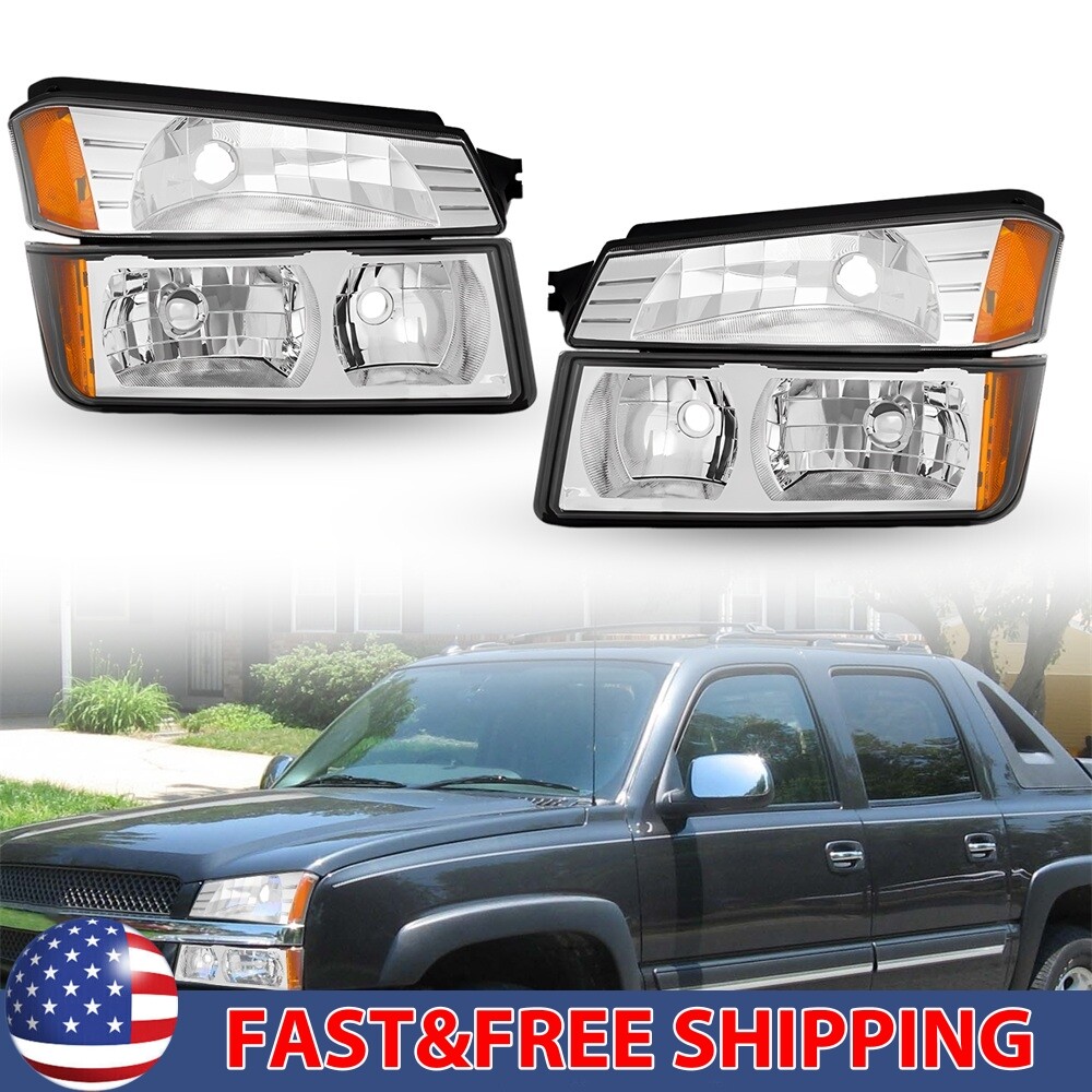 For 2002-06 Chevy Avalanche Headlights Assembly+Bumper Chrome Housing Lamp Pair
