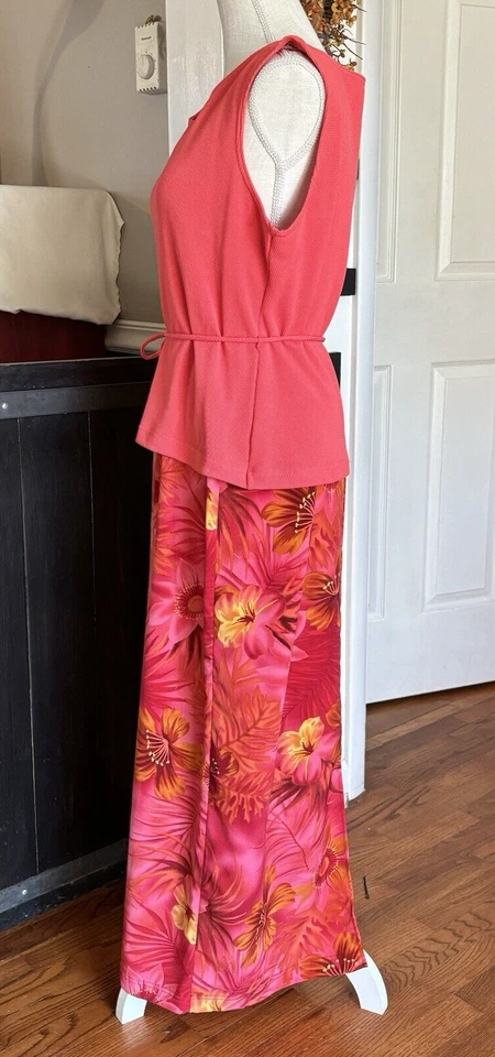 Maxi Vestido De Colección Moda Bug Para Mujer 14 Coral Rosa Imitación 2 Piezas Floral Trópico Playa Foto 2 de 4