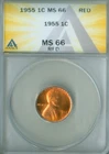 1955 LINCOLN CENT ANACS MS66 RED  (2227754)