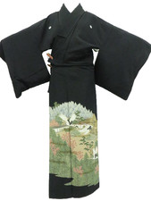 Japanese Vintage Kimono Tomesode Silk Crane 5 Crests Made in Japan eb-1769