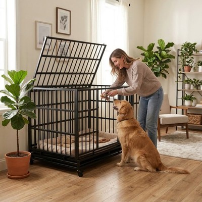 48'' Large Dog Crate Foldable Metal Cage with Wheels, Heavy Duty Kennel  Big Dogs