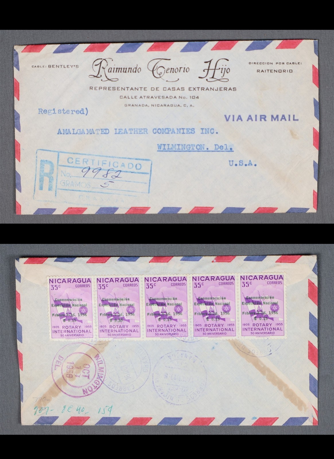 MayfairStamps Nicaragua 1956 Strip Rotary International Registered to Wilmington