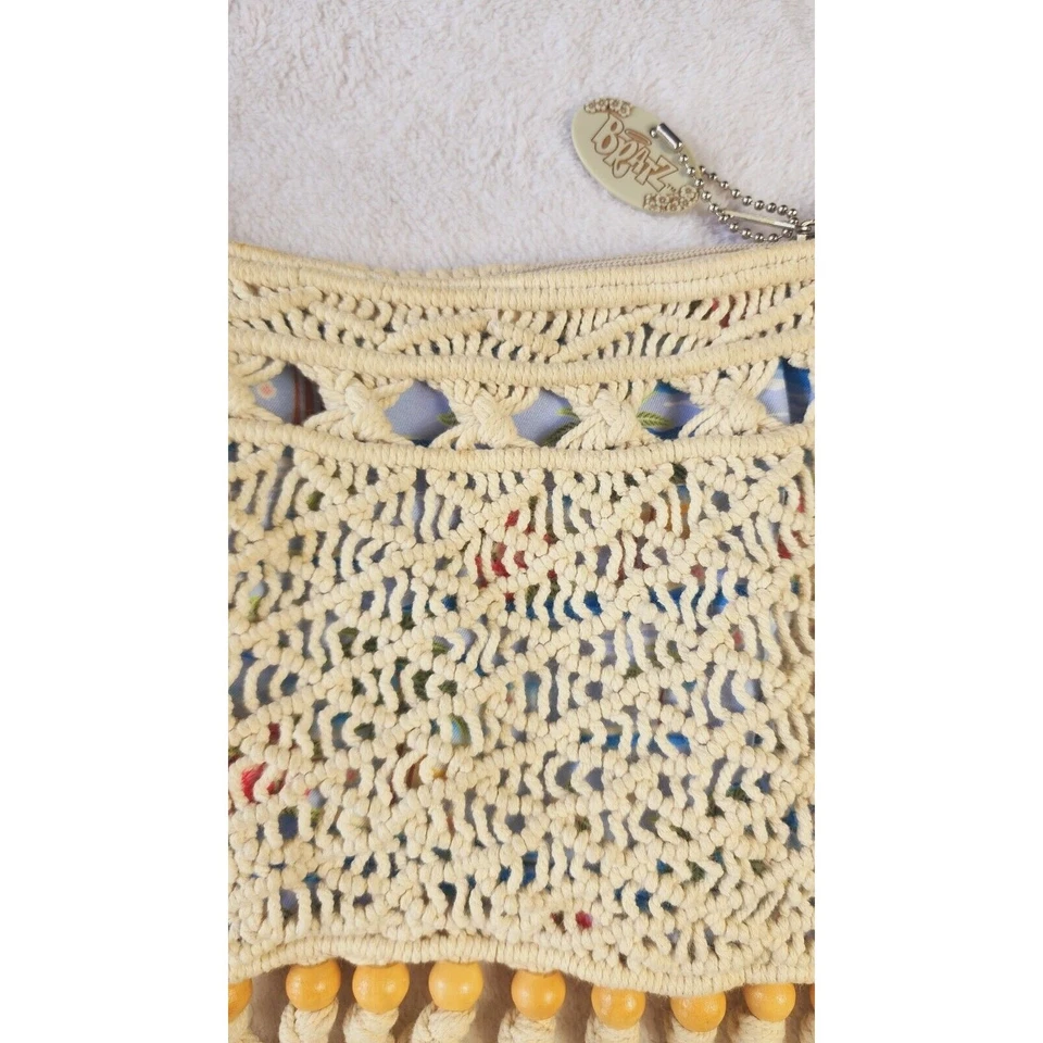 Bolso Cartera Vintage Y2K Bratz Macramé Crochet Flecos Boho Off White Cuentas de Madera Foto 3 de 4