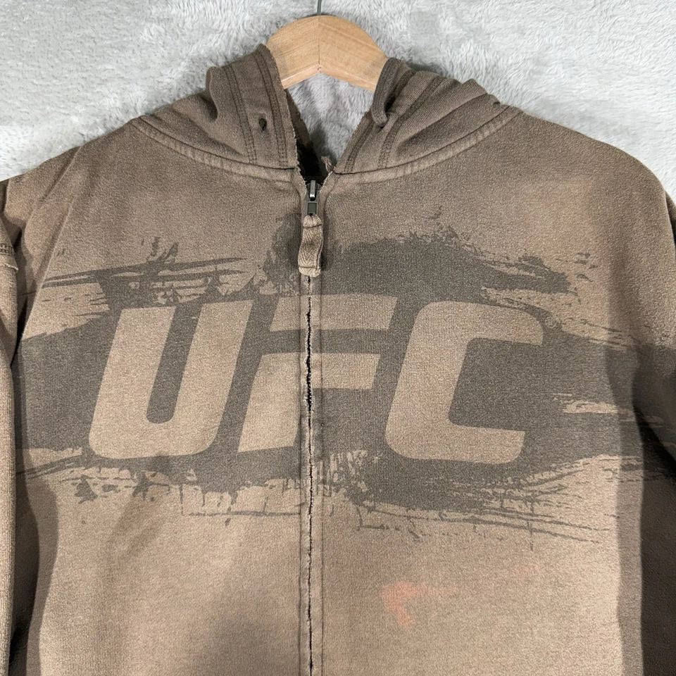 VTG UFC Hoodie Mens XL Brown Walkout Full Zip Fleece Logo Faded Jon Jones Y2K - Image 2 of 4