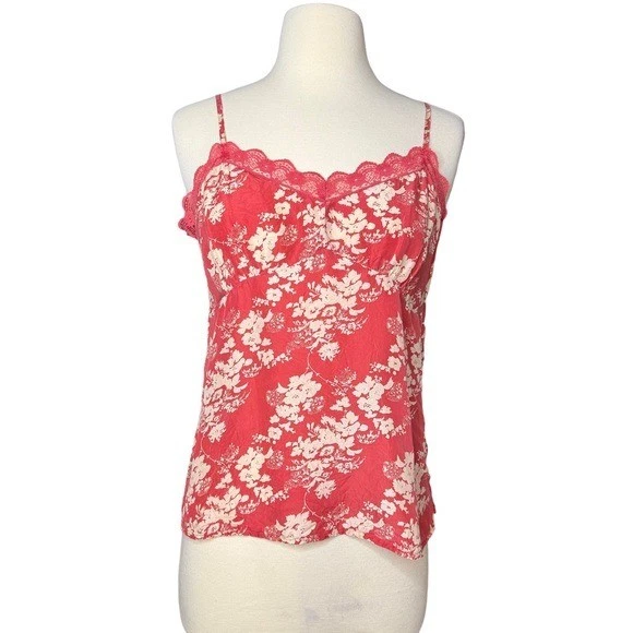 Cami de seda vintage Y2K Old Navy vermelho e branco floral tamanho médio renda boho - Imagem 2 de 4