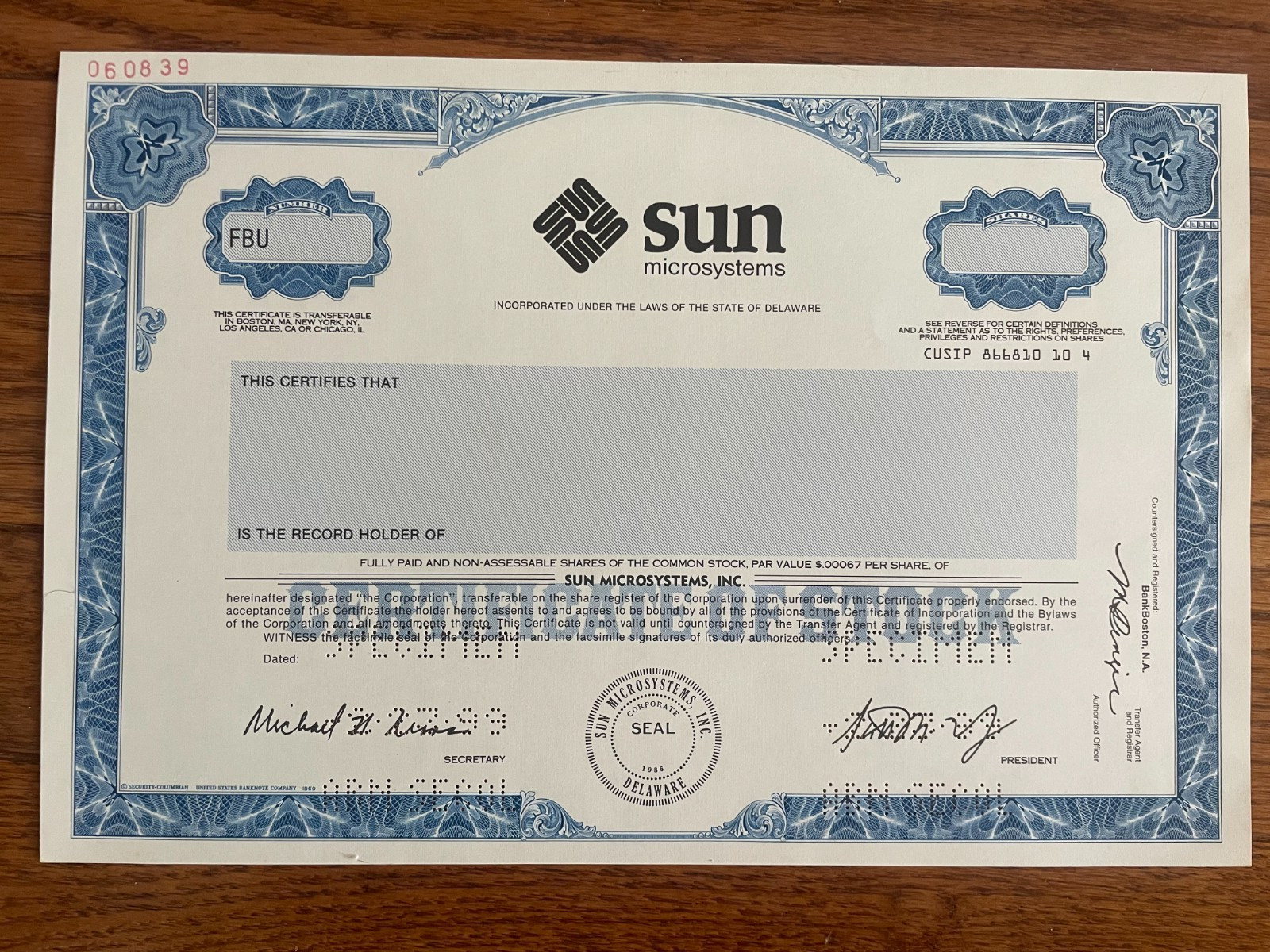 Sun Microsystems, Inc. Specimen Rare Original Stock Certificate