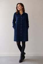 Poetry Corduroy Plaid Shirt Dress Cotton Long Sleeves Pockets Blue Women's 8