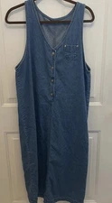 Vintage Denim Button Front Sleeveless Maxi Dress Jumper Blue Cottage Coastal