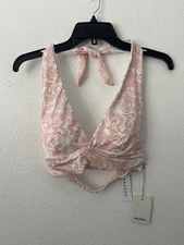 Rhythm Women's Triangle Bikini Top Pink White Size L Surf  Paisley Aloe Beach 