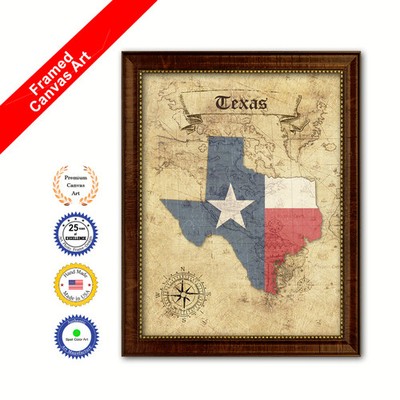 Texas State Vintage Map Brown Framed Canvas Print Home Decor Wall Art