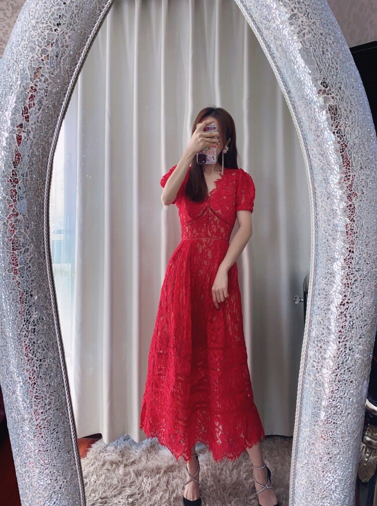 Mujeres Estilo Británico Retro Encaje Costuras Sexy Cuello en V Cintura Alta Delgado Vestido de Fiesta