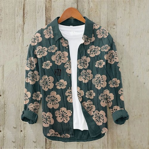 Camisa Top Para Hombres Estampada Mangas Largas Blusa China Abotonada Algodón Lino Prendas para el torso - Imagen 4 de 31