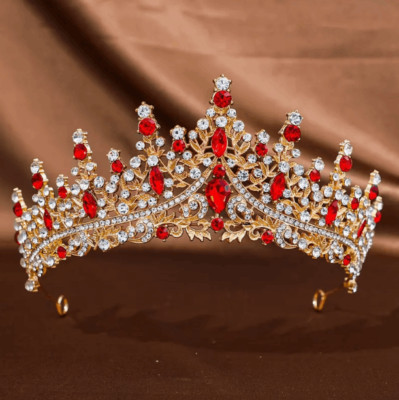 Wicked Silk Prom, Quinceanera Jeweled Crown Tiara Headband - Gold & Ruby