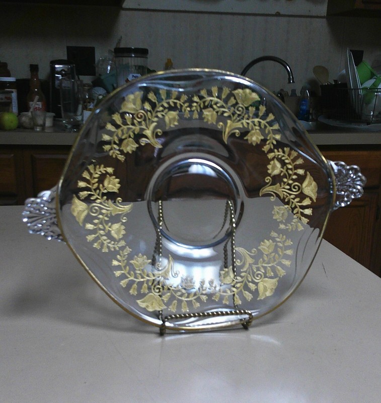 VINTAGE CRYSTAL GLASS PLATTER ROUND WITH HANDLES ETCHED GOLD FLOWER DESIGN