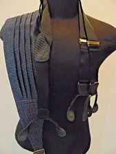 HOLT RENFREW BLACK & WHITE DOT CUMMERBUND & BLK FAILLE/BRASS ENGLISH SUSPENDERS
