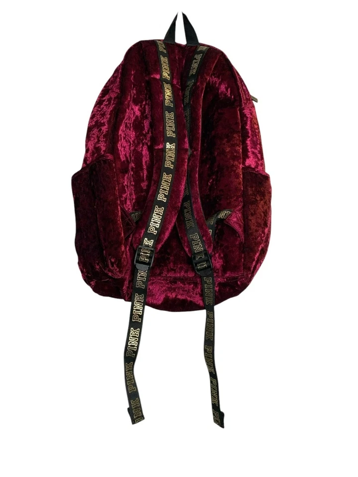 Mochila Victoria's Secret Rosa Borgoña Terciopelo Logo Dorado Múltiples Bolsillos Foto 2 de 4