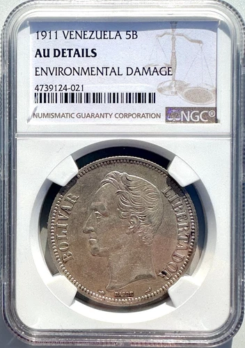 1911 Venezuela 5 Bolívares Silver Coin – AU Details (NGC) – Rare Early Issue –