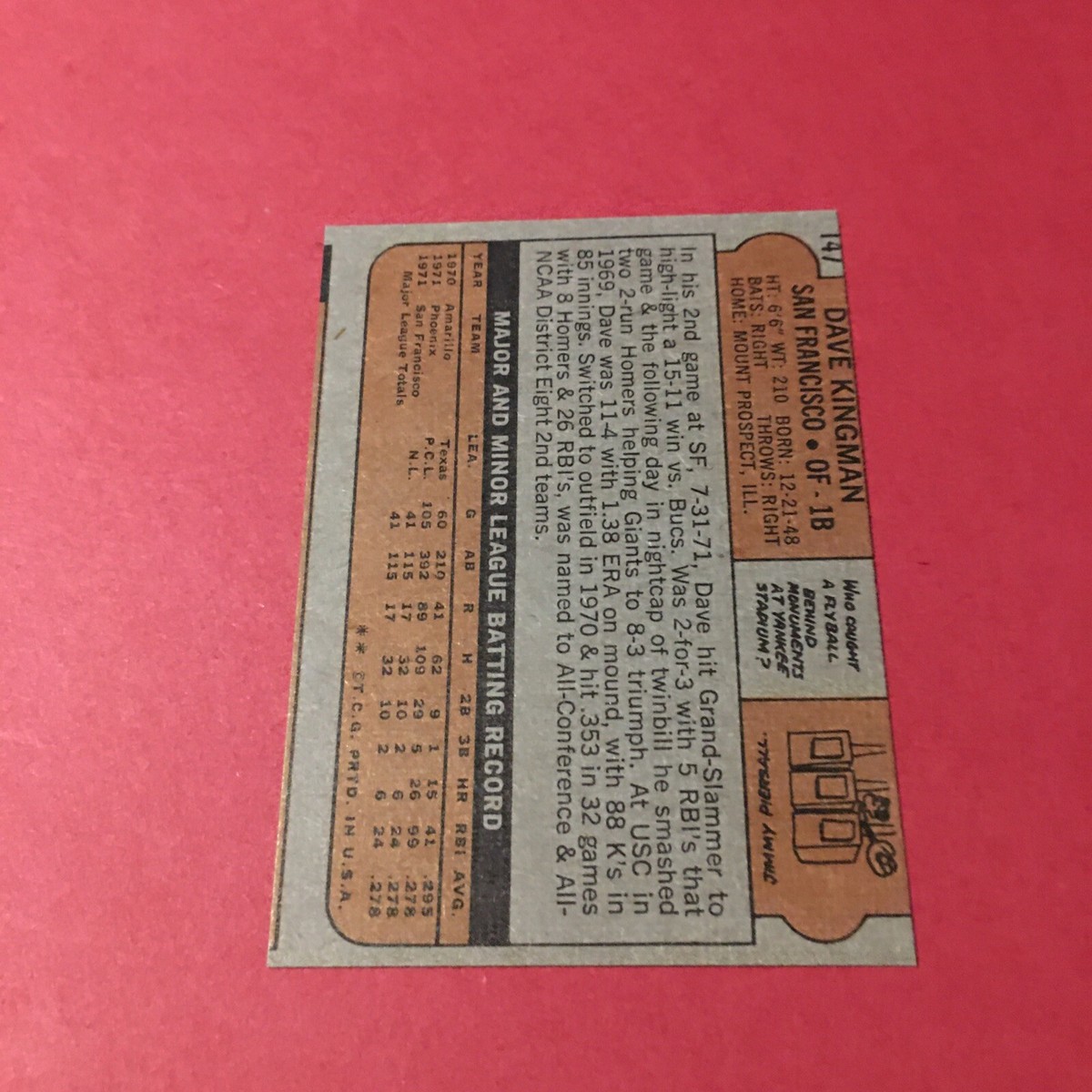 1972 Topps baseball card #147 Dave Kingman (nrmt / back off center