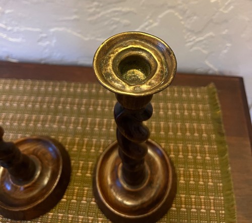 Antique English Oak Barley Twist Pair Candlesticks Candle Holders 10 1/2" Tall - Picture 5 of 13