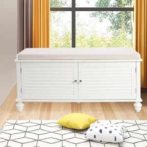 White Wooden Storage Ottoman Bench 2 Door Cabinet Cupboard Padded Seat Hallway Ebay