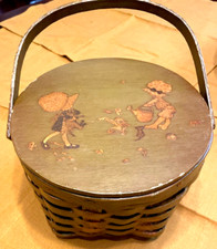 Vtg 1960's Decoupage Olive Woven Wood Lined Basket Purse Girls Bonnets kittens