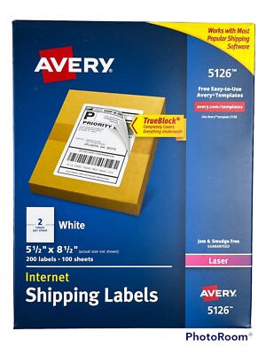 NEW Avery Laser Printer White 5126 Shipping Labels, 100 Sheets, 200 Labels