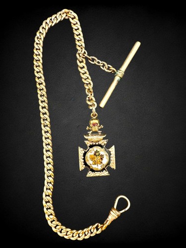 Antike MWA Totenkopf gekreuzte Knochen Rubin Augen Gold gefüllt Emaille Uhr Anhänger Kette DFB Co - Bild 2 von 7