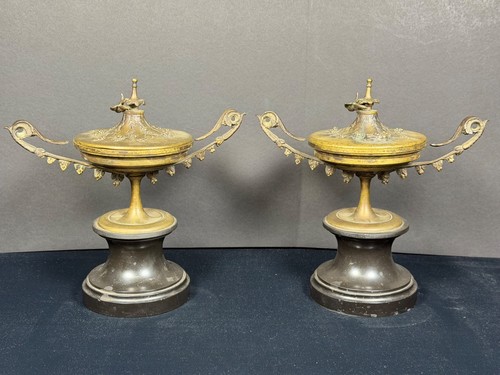 Pair of Antique 19th C French Continental Bronze Covered Tazze/Compotes Urns
