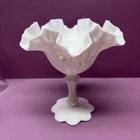 Vtg Fenton Milk Glass Cabbage Rose Footed Compote White 9223 Crimped 6.5" Tall
