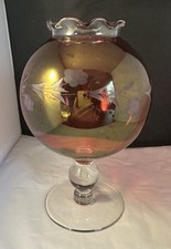 Vintage Fenton Cranberry Etched Glass Globe Pedestal Ruffled Edge Vase