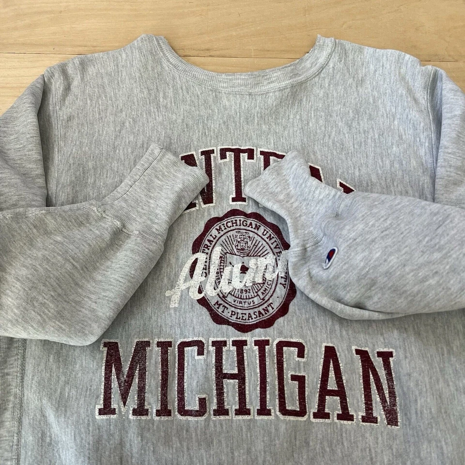 Sudadera De Colección Central Michigan XL Gris Años 90 Campeón Tejido Inverso Pullover Foto 4 de 4