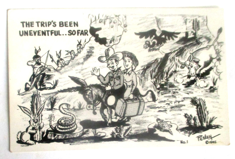 Vintg 1940s chrome  art postcard of COWBOY TRIP By Rob Petley, Cowboy Cartoonist