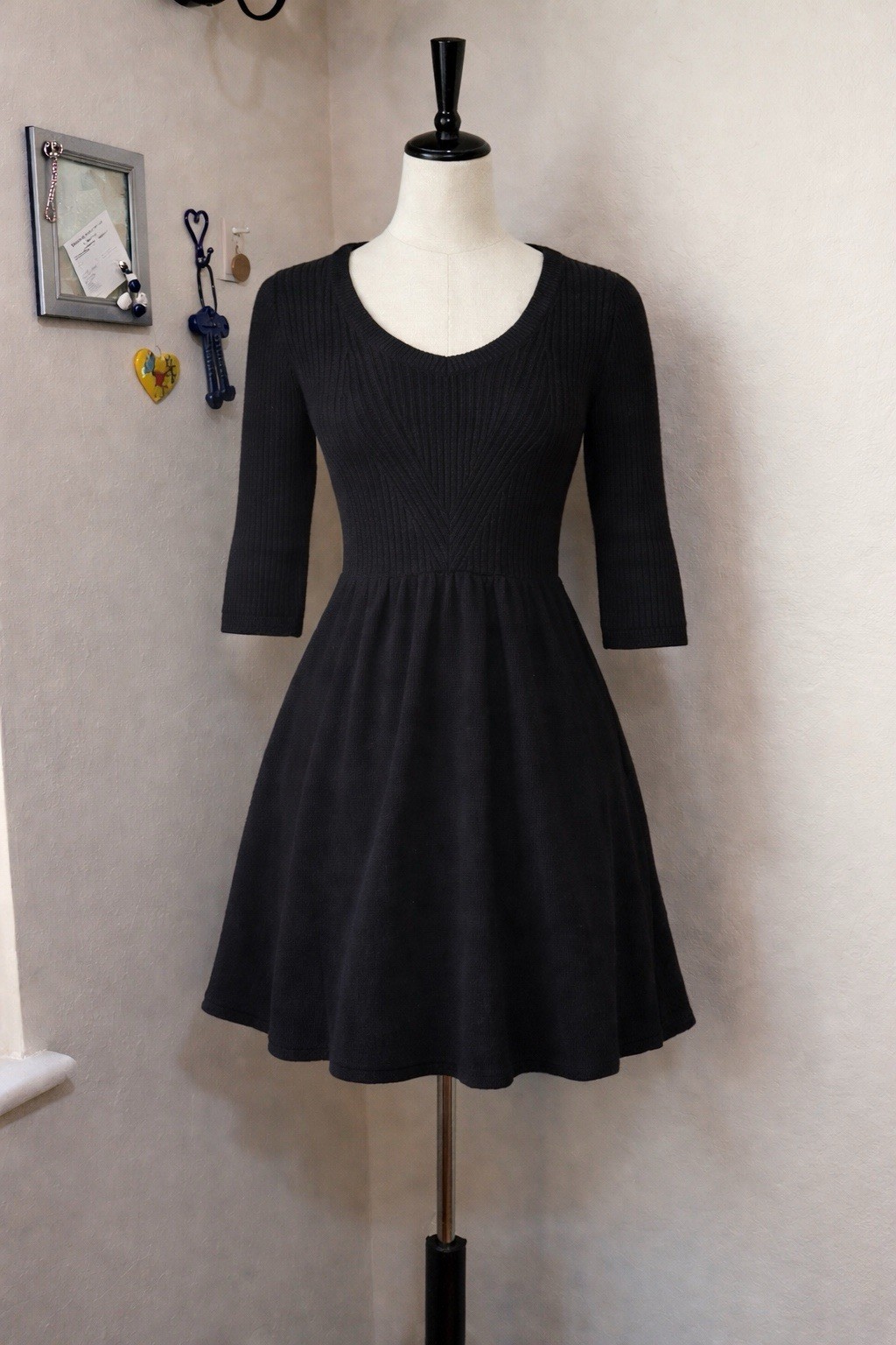 Y2K American Eagle Black Ribbed Knit Fit Flare Dress Womens Medium Long Sleeve