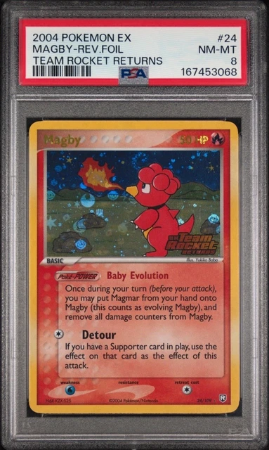 2004 POKEMON EX TEAM ROCKET RETURNS #24 MAGBY-REVERSE FOIL PSA 8 HEAD SWIRL 💫