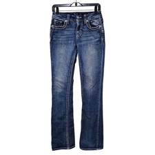 Miss Me Jeans Womens 25 Curvy Boot Embroidered Faux Flap Pockets Blue Denim