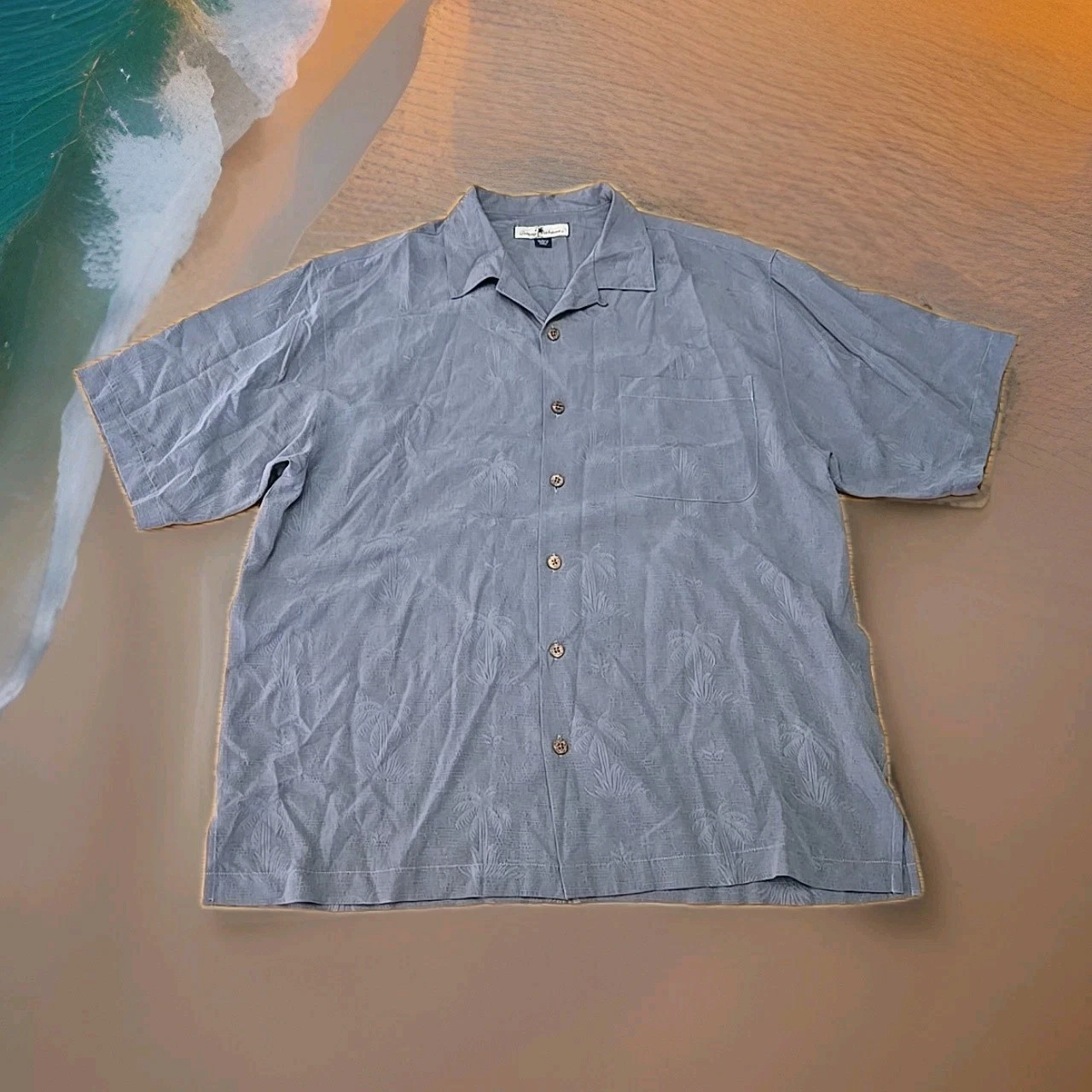 Tommy Bahama 100% Silk Button Up Shirt Mens Size Large Gray Palm Trees Hawaiian