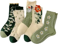 5/10 Pairs Embroidered Floral Socks for Women Combed Cotton Above Ankle Crew Soc