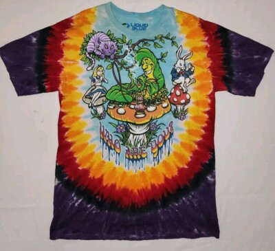 Liquid Blue T-Shirt Mens L Blue Tie Dye Alice in Wonderland Who Are You Hooka