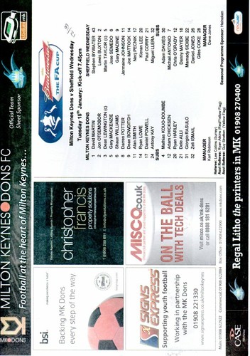 Team Sheet - MK Dons v Sheffield Wednesday FAC 15.1.2013