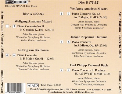 ARTUR BALSAM MOZART, BEETHOVEN, HUMMEL, C.P.E. BACH: PIANO CONCERTOS NEW CD