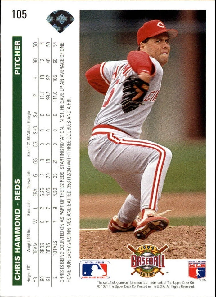 Chris Hammond 1992 Upper Deck MLB #105 Baseball Card Cincinnati Reds - Image 2 of 2