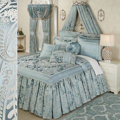 Romantic Regency Jacquard Woven Scrollwork Parisian Blue Grande Bedspread