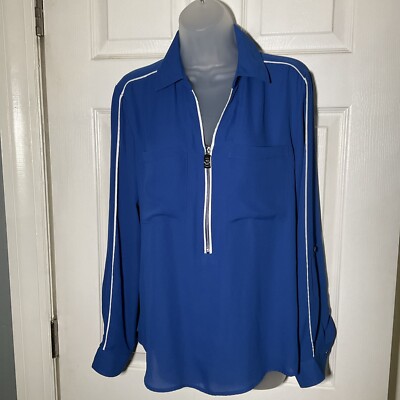 Michael Kors Nautical Royal Blue Chiffon Cruise L Large Roll Tab Sleeve Blouse