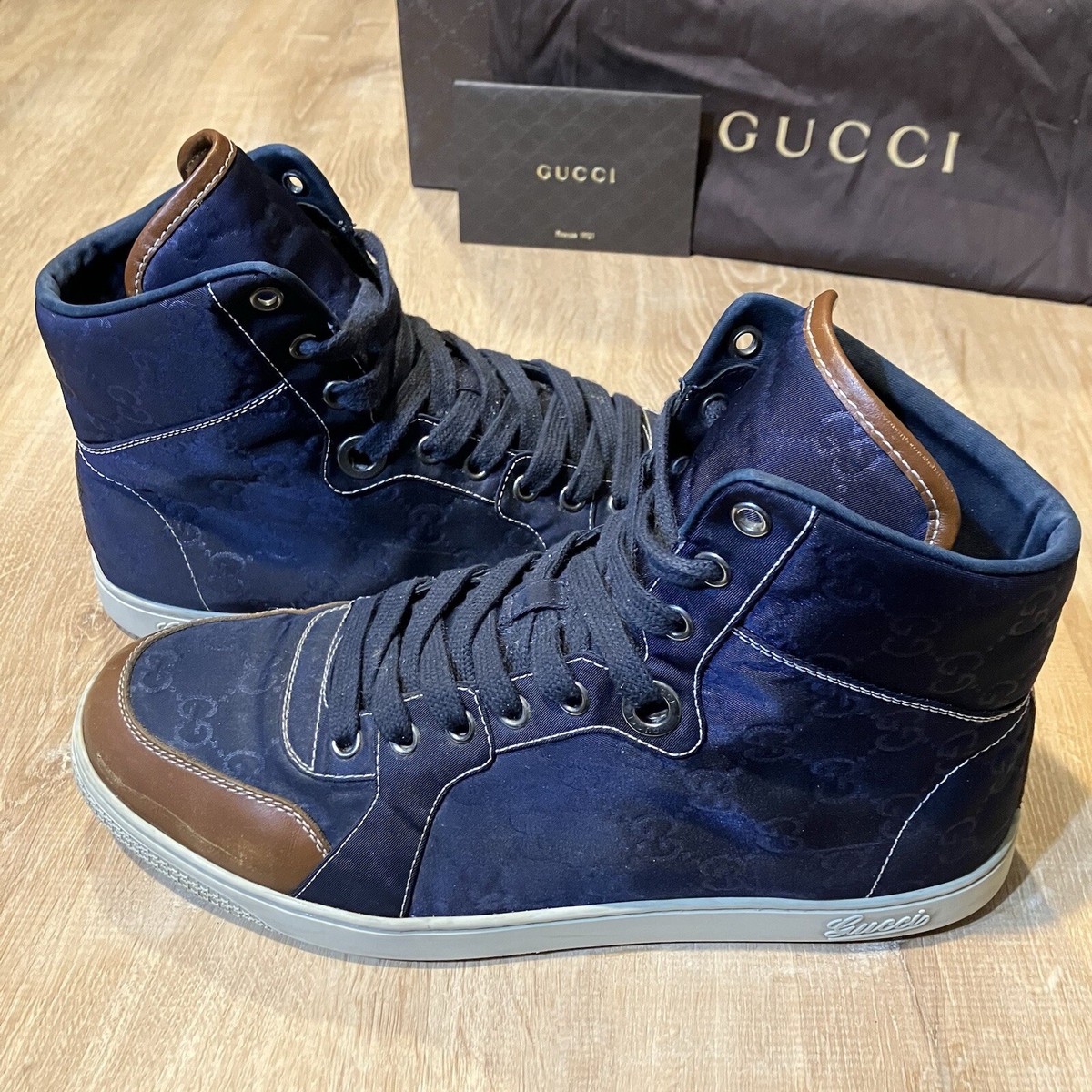 Gucci High Top Sneakers GG Blue Canvas Monogram CLEAN Logo 
