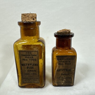 Antique PARKE DAVIS & CO. AMBER CORK TOP BOTTLE w ORIGINAL PAPER LABEL Lot Of 2
