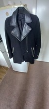 Zara Black Wool Blend Moto Lamb Leather Collar Coat Size M Lenght 90 Sm Waist 80