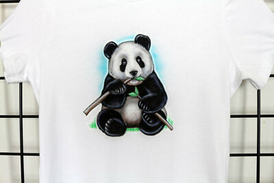 Custom Airbrushed Panda on Medium White Women's Jersey Tee 